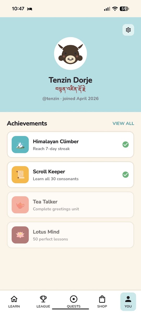 Rangjong profile screen with achievements like Scroll Keeper for learning all 30 consonants